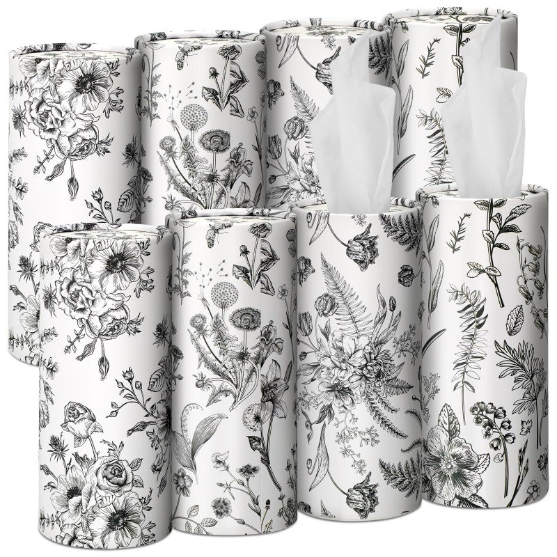 Zonon 8 Pcs Vintage Floral Round Tissues Box Car Holder with Facial Tissue Bulk Black Flower Travel Tubes for Car with 50 Sheets Cylinder Face Towel Fit for Cup Holder Round Container